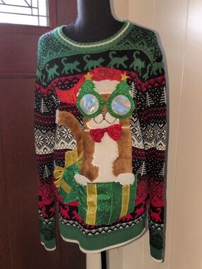 Cat Ugly Christmas Sweater with Gift Design Size M